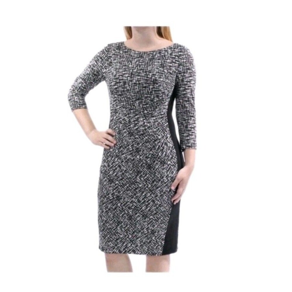 Lauren Ralph Lauren Dress Womens 8P Black Houndstooth Sheath Pencil Ruched